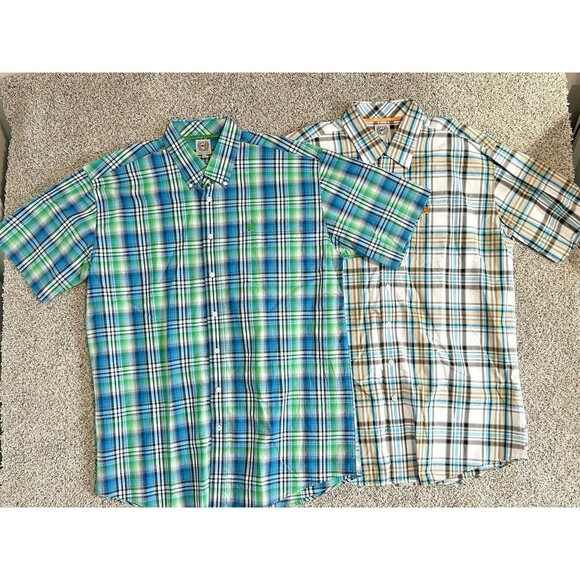 Cinch Men's Large Short Sleeve Button Shirt LOT of 2 Blue Green Orange Plaid - Picture 1 of 13